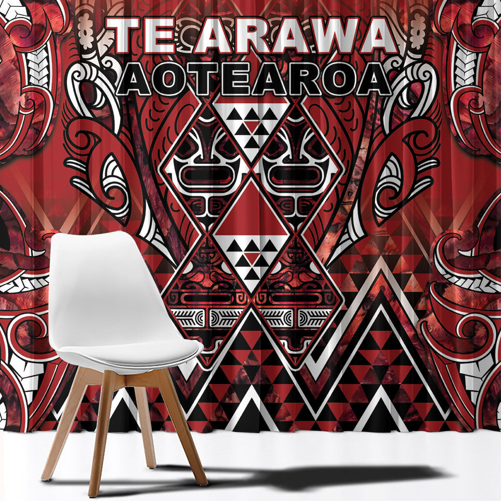 Aotearoa Te Arawa Window Curtain Maori Tribal Dark Red Paua Shell Pattern