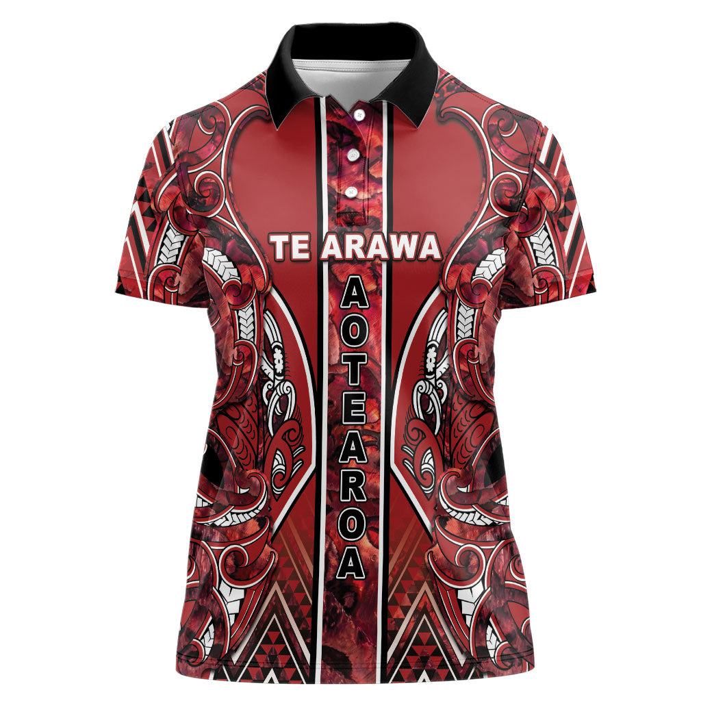 Aotearoa Te Arawa Women Polo Shirt Maori Tribal Dark Red Paua Shell Pattern DT05 Female Red - Polynesian Pride