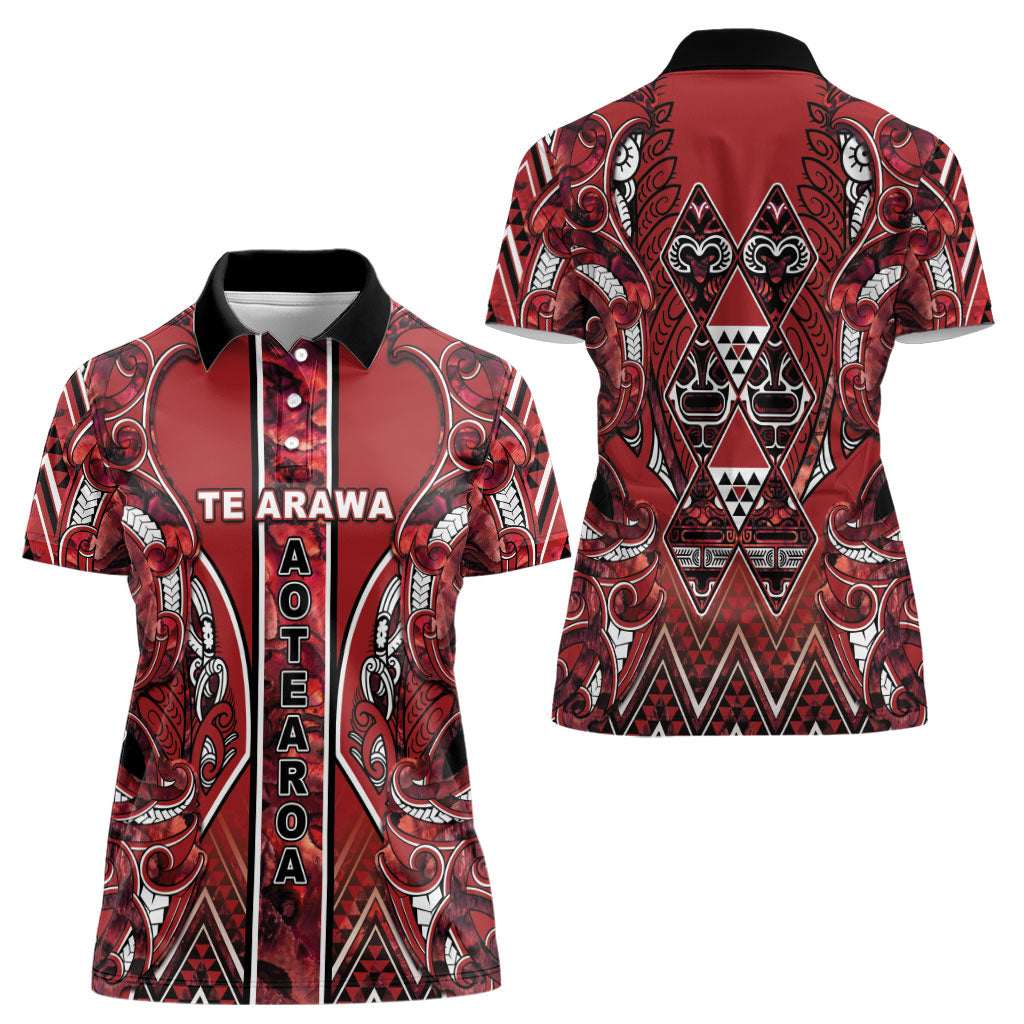 Aotearoa Te Arawa Women Polo Shirt Maori Tribal Dark Red Paua Shell Pattern