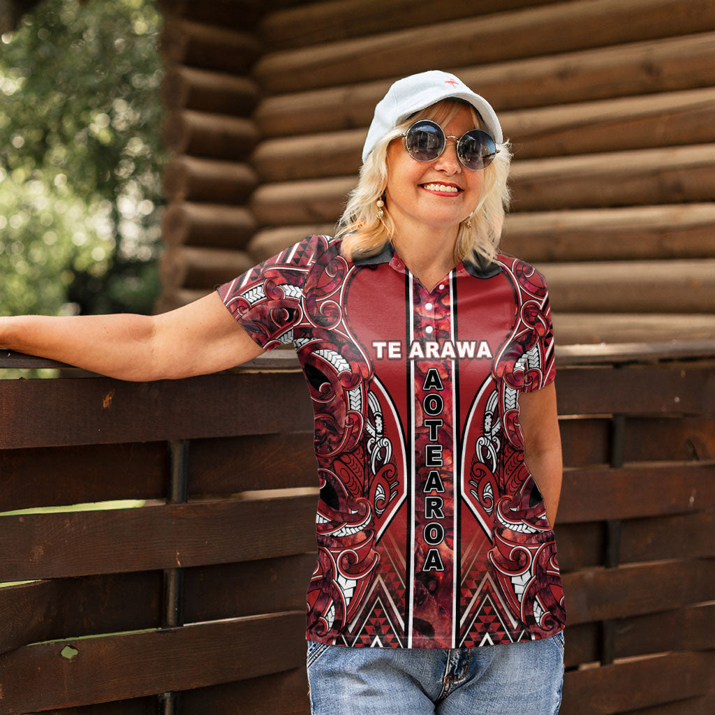 Aotearoa Te Arawa Women Polo Shirt Maori Tribal Dark Red Paua Shell Pattern