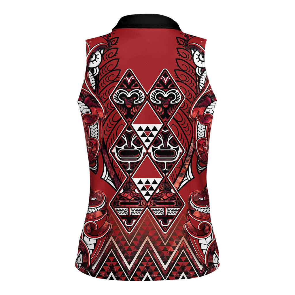 Aotearoa Te Arawa Women Sleeveless Polo Shirt Maori Tribal Dark Red Paua Shell Pattern