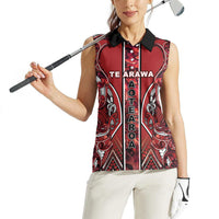 Aotearoa Te Arawa Women Sleeveless Polo Shirt Maori Tribal Dark Red Paua Shell Pattern