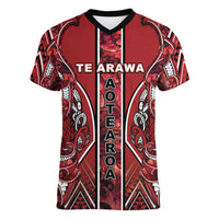Aotearoa Te Arawa Women V-Neck T-Shirt Maori Tribal Dark Red Paua Shell Pattern