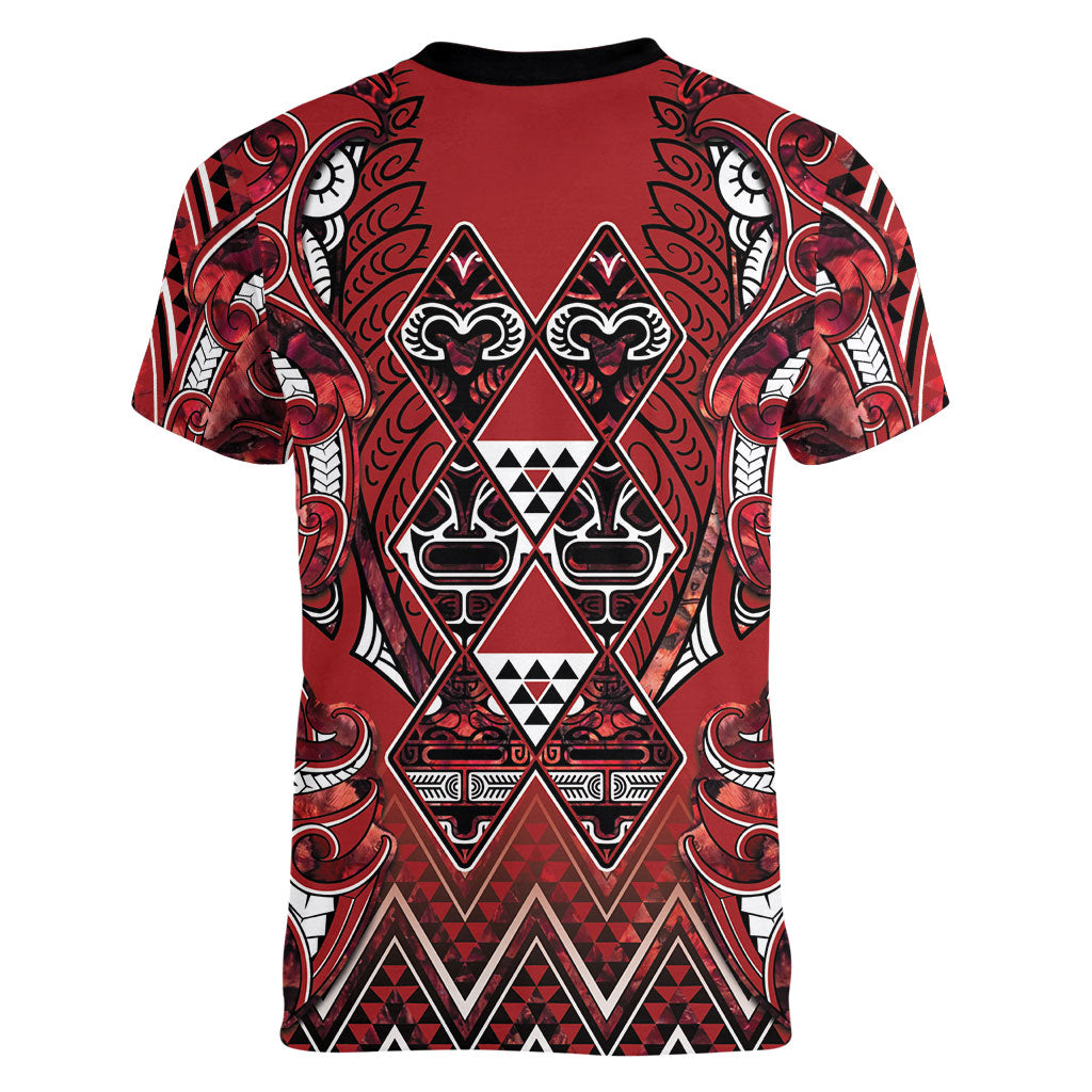 Aotearoa Te Arawa Women V-Neck T-Shirt Maori Tribal Dark Red Paua Shell Pattern