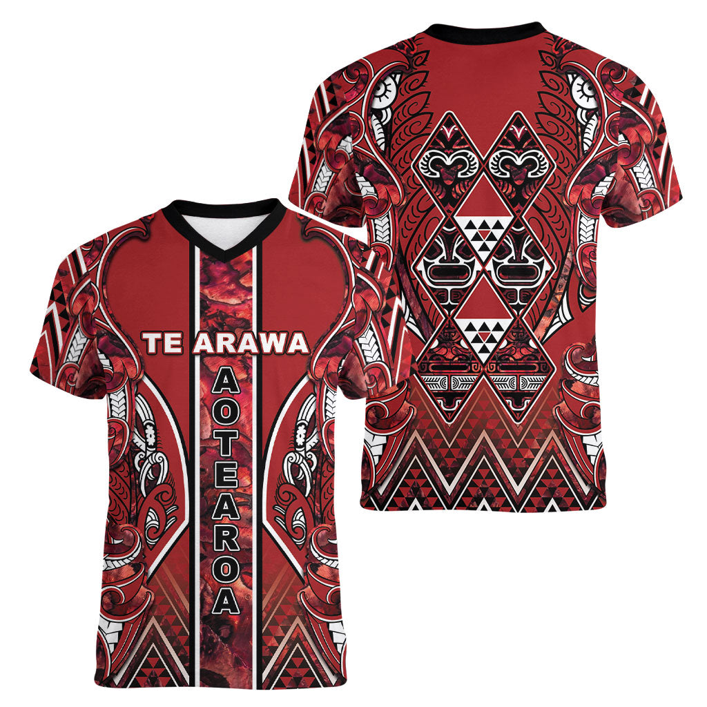 Aotearoa Te Arawa Women V-Neck T-Shirt Maori Tribal Dark Red Paua Shell Pattern