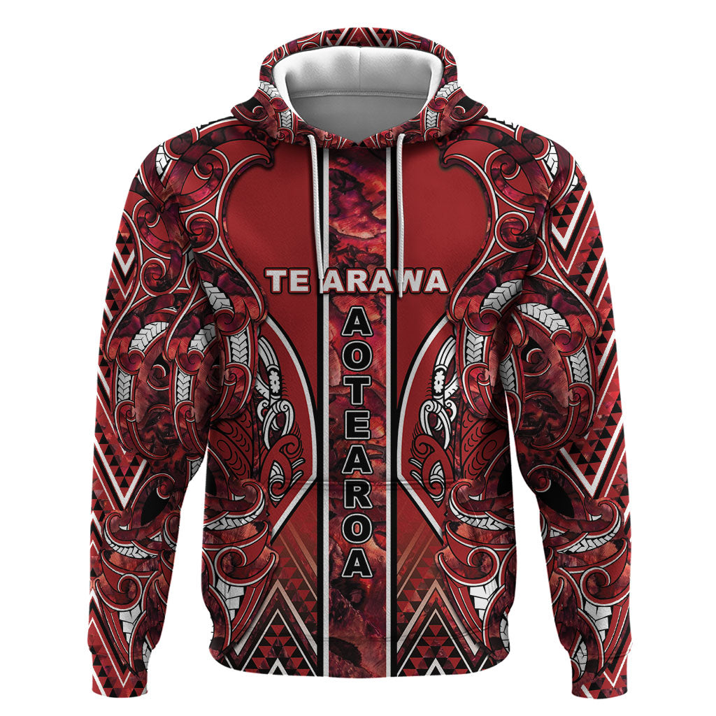 Aotearoa Te Arawa Zip Hoodie Maori Tribal Dark Red Paua Shell Pattern