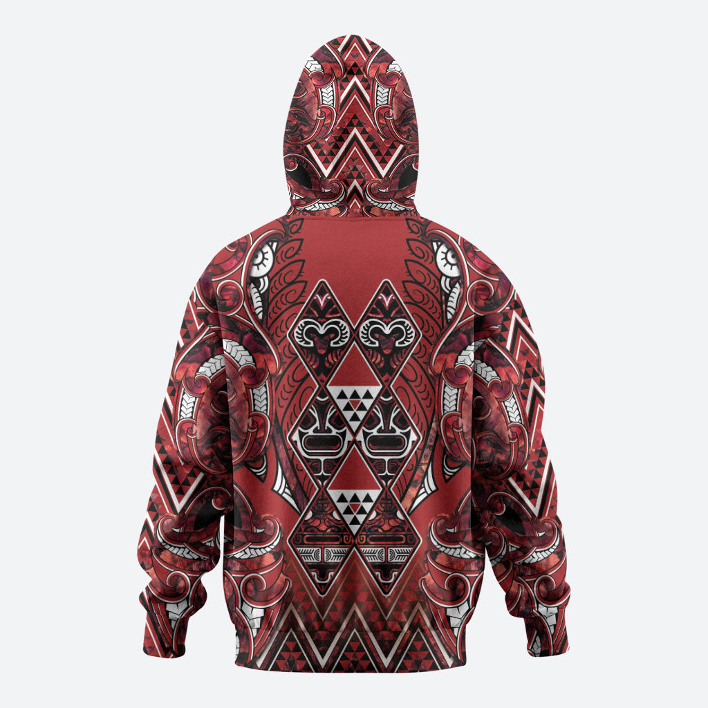 Aotearoa Te Arawa Zip Hoodie Maori Tribal Dark Red Paua Shell Pattern
