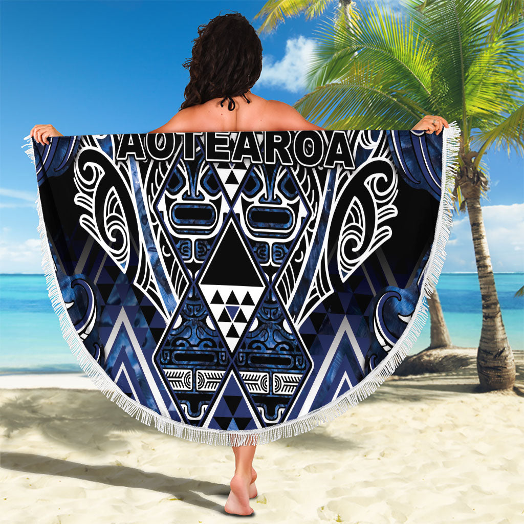 Aotearoa Tuwharetoa Beach Blanket Maori Tribal Navy Paua Shell Pattern