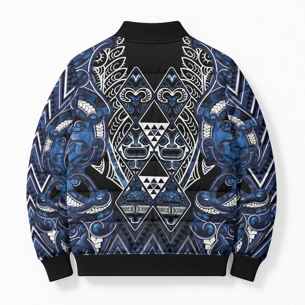 Aotearoa Tuwharetoa Bomber Puffer Jacket Maori Tribal Navy Paua Shell Pattern