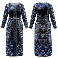 Aotearoa Tuwharetoa Couples Matching Long Sleeve Bodycon Dress and Hawaiian Shirt Maori Tribal Navy Paua Shell Pattern
