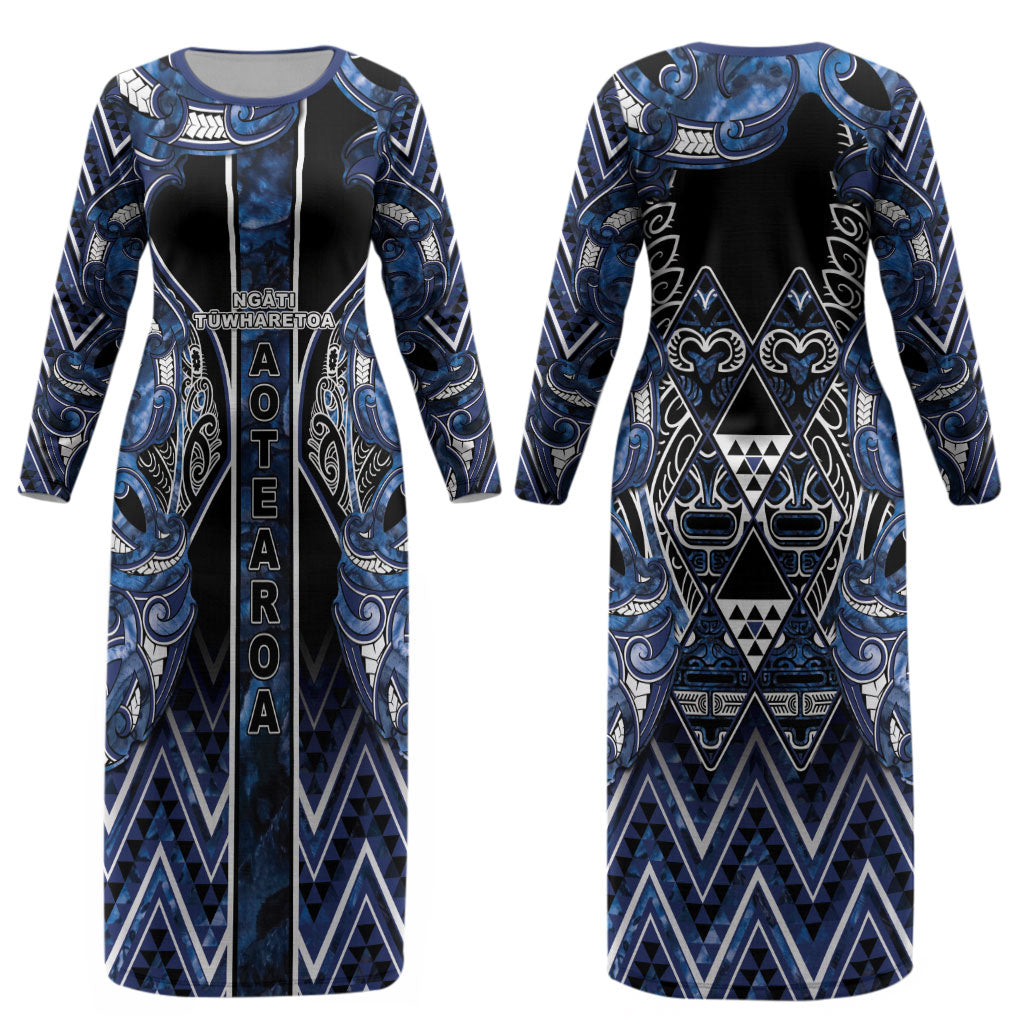 Aotearoa Tuwharetoa Couples Matching Long Sleeve Bodycon Dress and Long Sleeve Button Shirt Maori Tribal Navy Paua Shell Pattern