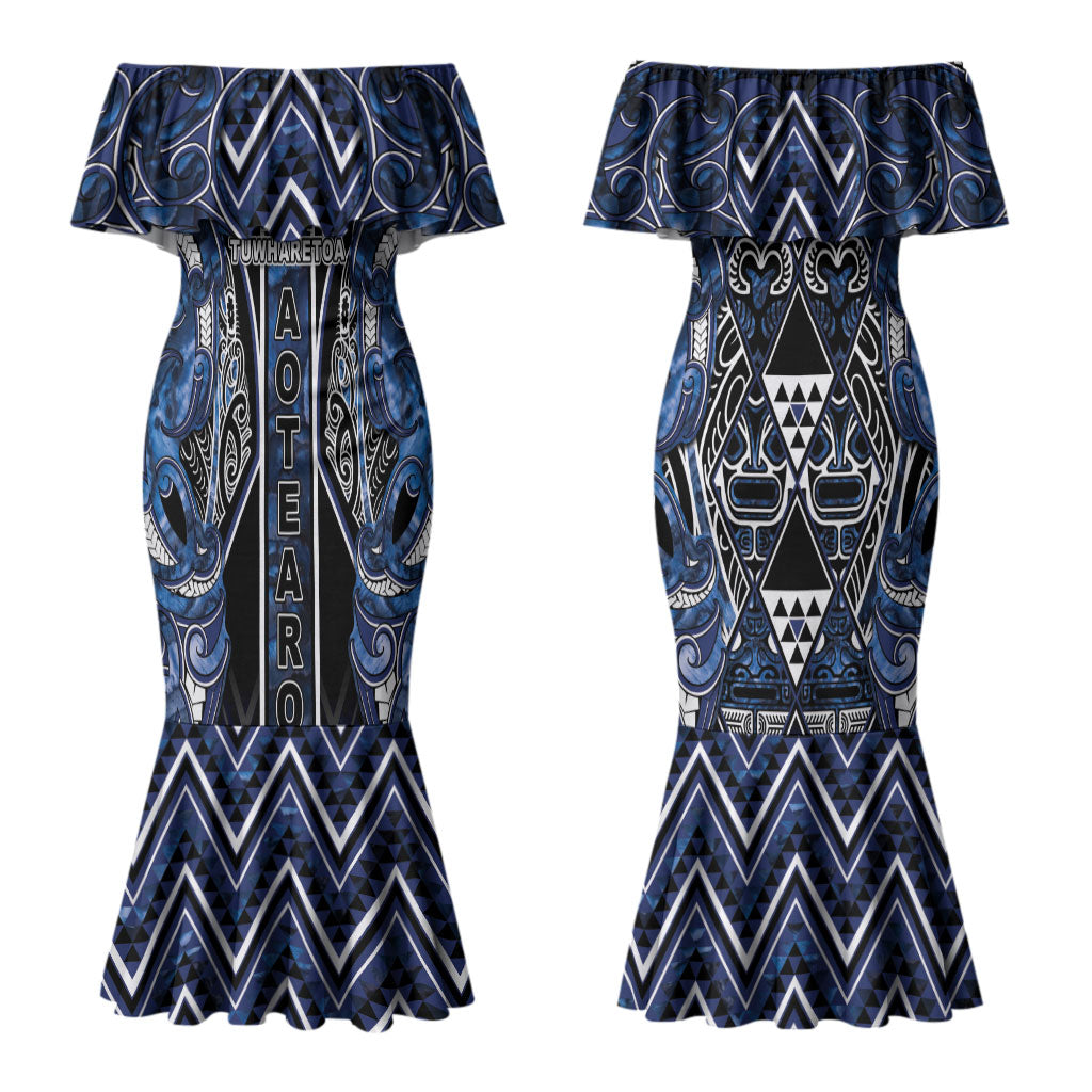 Aotearoa Tuwharetoa Couples Matching Mermaid Dress and Hawaiian Shirt Maori Tribal Navy Paua Shell Pattern