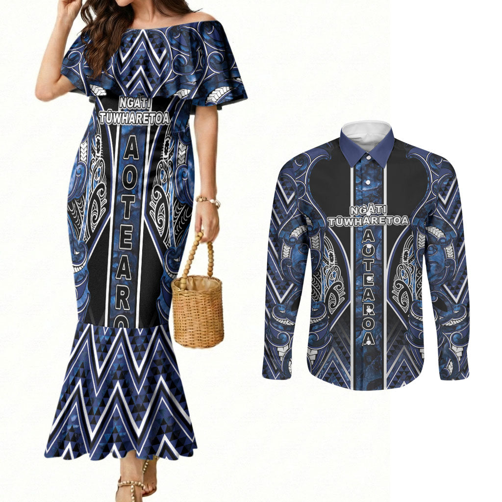 Aotearoa Tuwharetoa Couples Matching Mermaid Dress and Long Sleeve Button Shirt Maori Tribal Navy Paua Shell Pattern DT05 Navy - Polynesian Pride