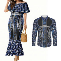 Aotearoa Tuwharetoa Couples Matching Mermaid Dress and Long Sleeve Button Shirt Maori Tribal Navy Paua Shell Pattern