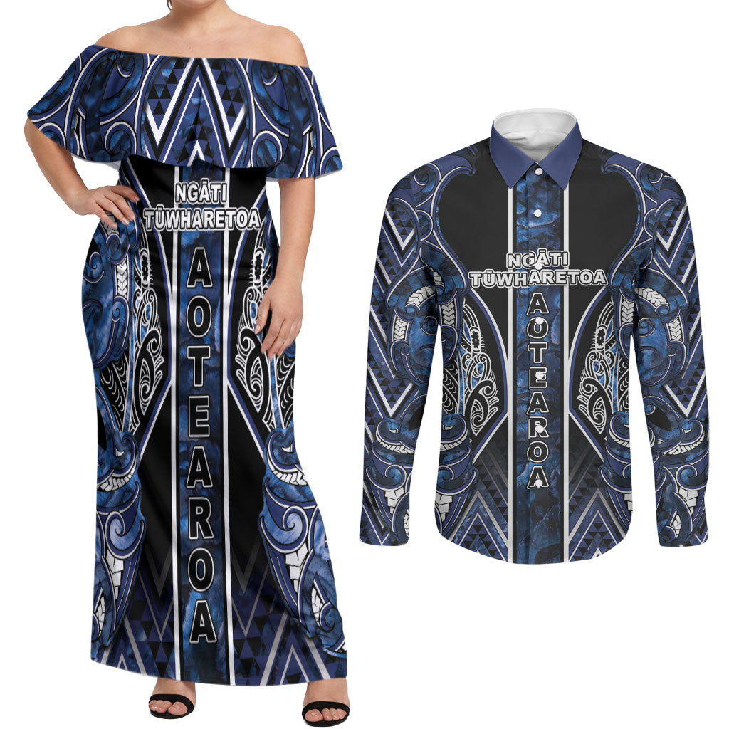 Aotearoa Tuwharetoa Couples Matching Off Shoulder Maxi Dress and Long Sleeve Button Shirt Maori Tribal Navy Paua Shell Pattern