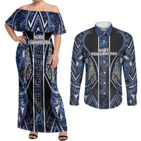 Aotearoa Tuwharetoa Couples Matching Off Shoulder Maxi Dress and Long Sleeve Button Shirt Maori Tribal Navy Paua Shell Pattern
