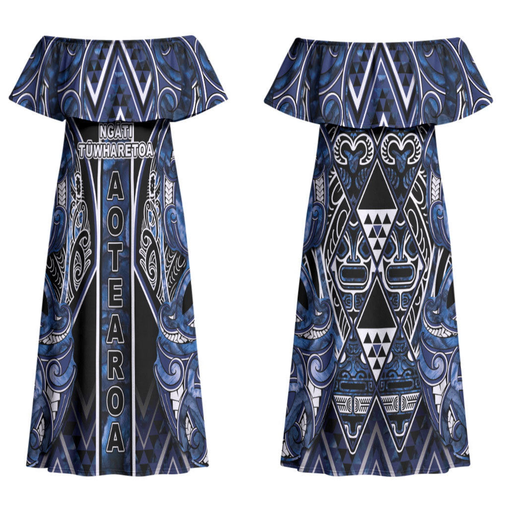 Aotearoa Tuwharetoa Couples Matching Off Shoulder Maxi Dress and Long Sleeve Button Shirt Maori Tribal Navy Paua Shell Pattern