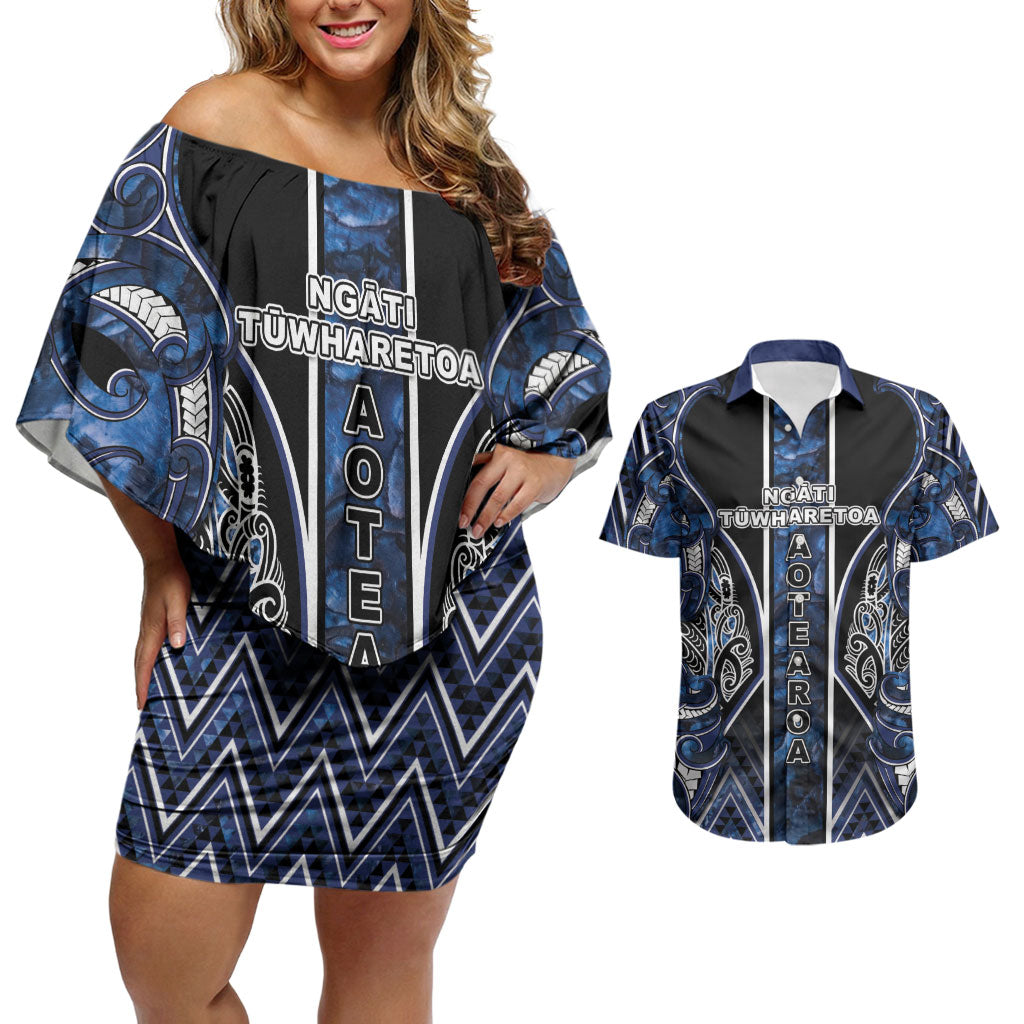 Aotearoa Tuwharetoa Couples Matching Off Shoulder Short Dress and Hawaiian Shirt Maori Tribal Navy Paua Shell Pattern DT05 Navy - Polynesian Pride