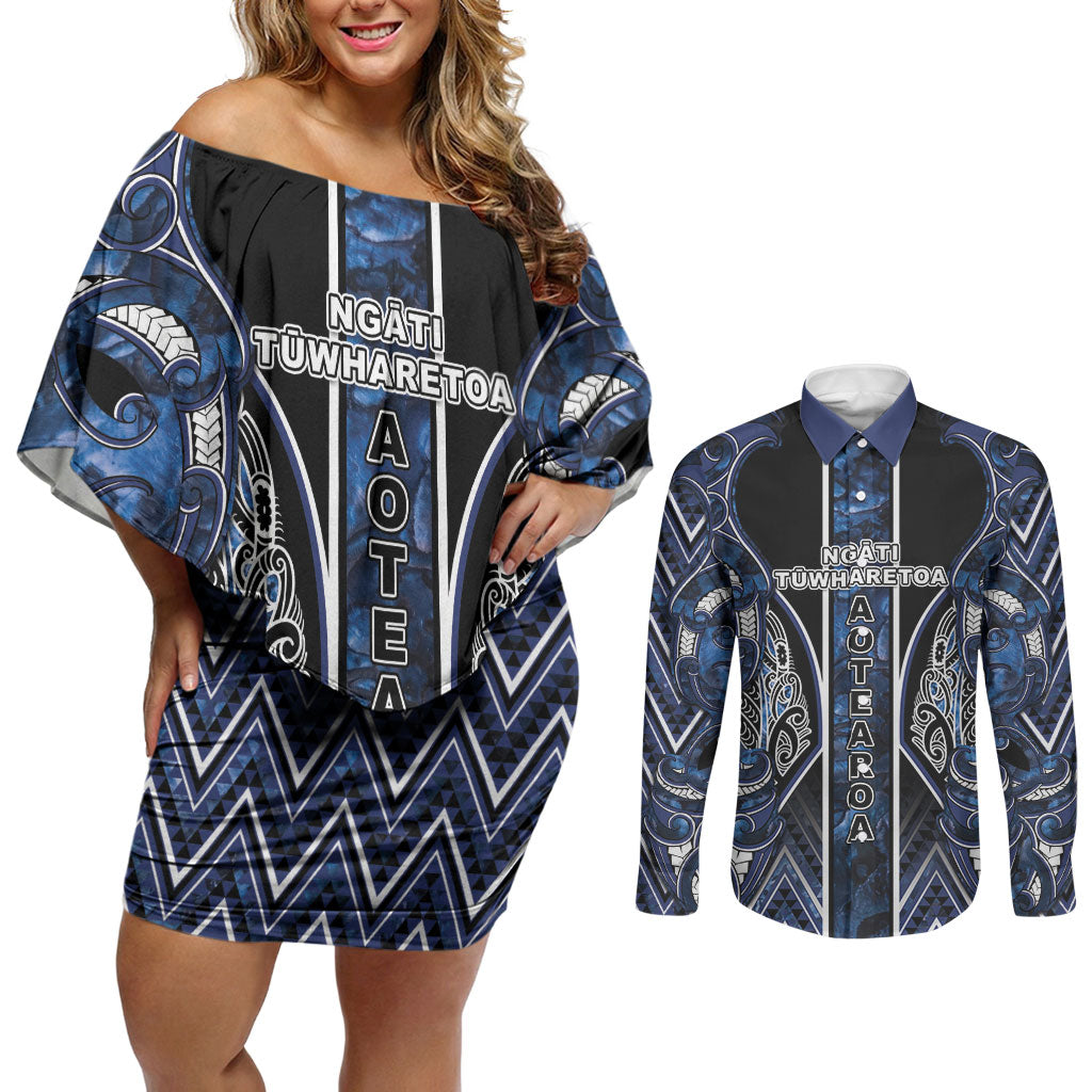 Aotearoa Tuwharetoa Couples Matching Off Shoulder Short Dress and Long Sleeve Button Shirt Maori Tribal Navy Paua Shell Pattern