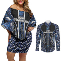 Aotearoa Tuwharetoa Couples Matching Off Shoulder Short Dress and Long Sleeve Button Shirt Maori Tribal Navy Paua Shell Pattern