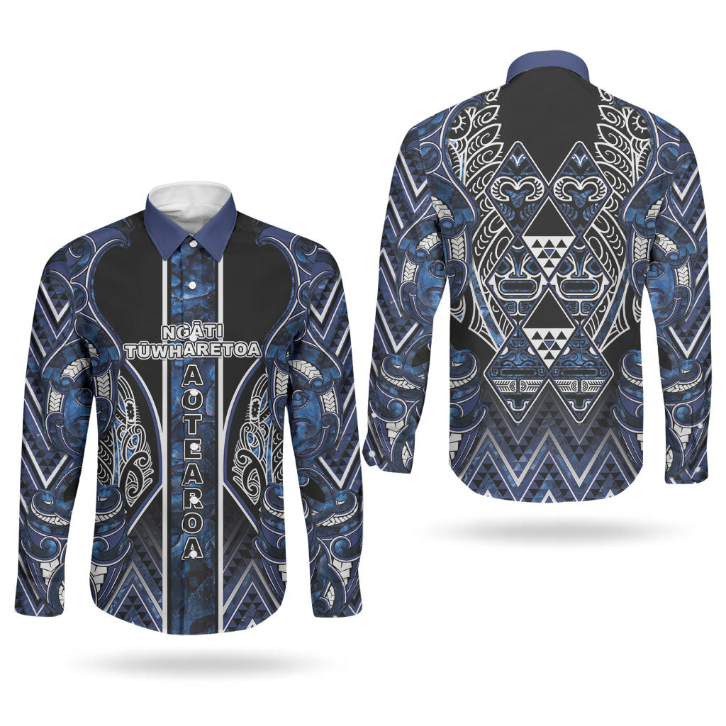 Aotearoa Tuwharetoa Couples Matching Off Shoulder Short Dress and Long Sleeve Button Shirt Maori Tribal Navy Paua Shell Pattern
