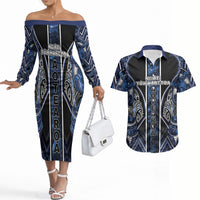 Aotearoa Tuwharetoa Couples Matching Off The Shoulder Long Sleeve Dress and Hawaiian Shirt Maori Tribal Navy Paua Shell Pattern