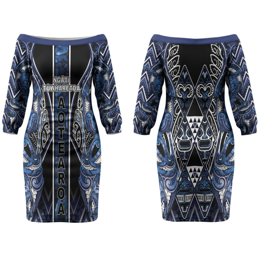 Aotearoa Tuwharetoa Couples Matching Off The Shoulder Long Sleeve Dress and Hawaiian Shirt Maori Tribal Navy Paua Shell Pattern