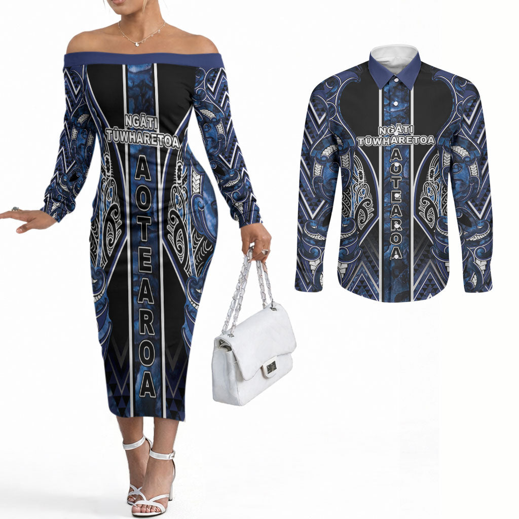 Aotearoa Tuwharetoa Couples Matching Off The Shoulder Long Sleeve Dress and Long Sleeve Button Shirt Maori Tribal Navy Paua Shell Pattern