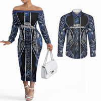 Aotearoa Tuwharetoa Couples Matching Off The Shoulder Long Sleeve Dress and Long Sleeve Button Shirt Maori Tribal Navy Paua Shell Pattern