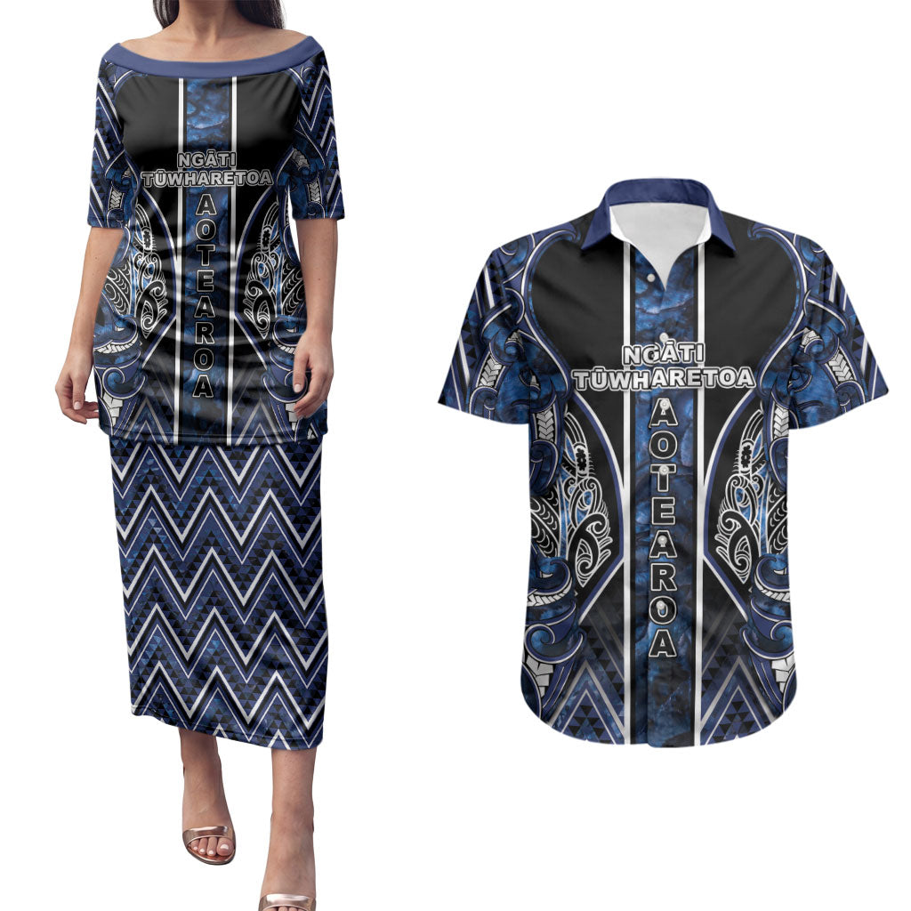 Aotearoa Tuwharetoa Couples Matching Puletasi and Hawaiian Shirt Maori Tribal Navy Paua Shell Pattern DT05 Navy - Polynesian Pride