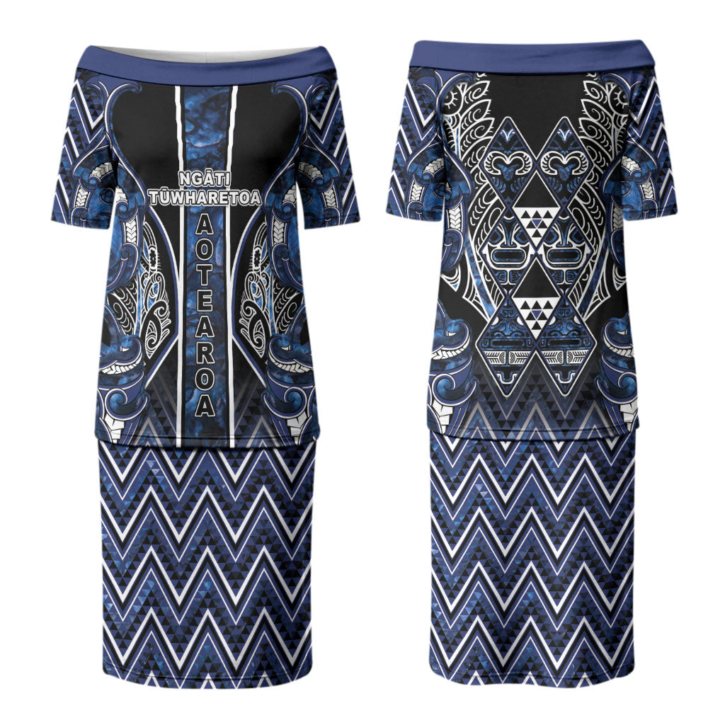 Aotearoa Tuwharetoa Couples Matching Puletasi and Hawaiian Shirt Maori Tribal Navy Paua Shell Pattern