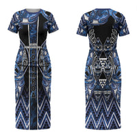 Aotearoa Tuwharetoa Couples Matching Short Sleeve Bodycon Dress and Hawaiian Shirt Maori Tribal Navy Paua Shell Pattern