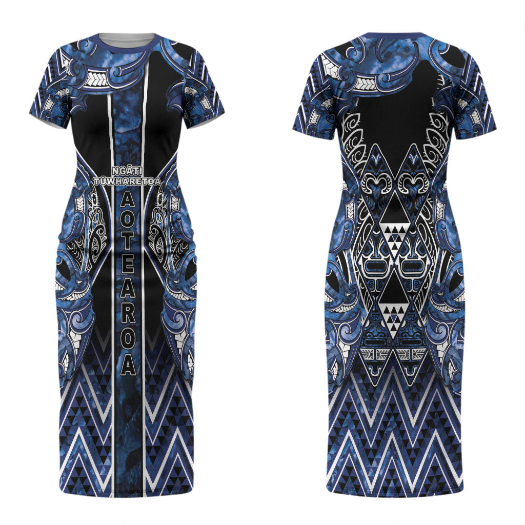 Aotearoa Tuwharetoa Couples Matching Short Sleeve Bodycon Dress and Long Sleeve Button Shirt Maori Tribal Navy Paua Shell Pattern