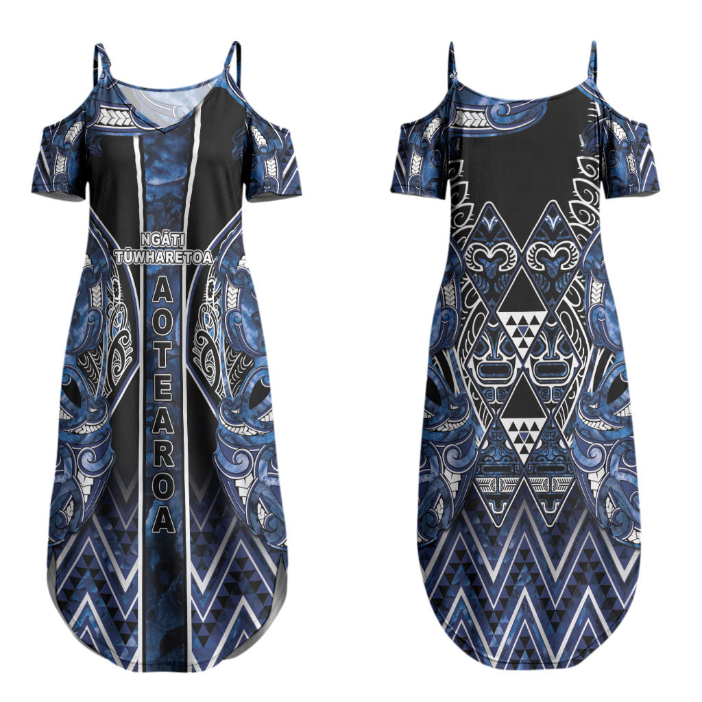 Aotearoa Tuwharetoa Couples Matching Summer Maxi Dress and Long Sleeve Button Shirt Maori Tribal Navy Paua Shell Pattern