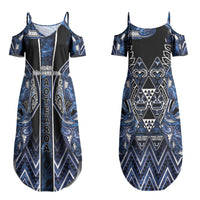 Aotearoa Tuwharetoa Couples Matching Summer Maxi Dress and Long Sleeve Button Shirt Maori Tribal Navy Paua Shell Pattern