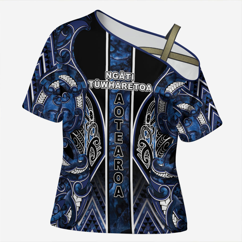 Aotearoa Tuwharetoa Cross Shoulder Shirt Maori Tribal Navy Paua Shell Pattern