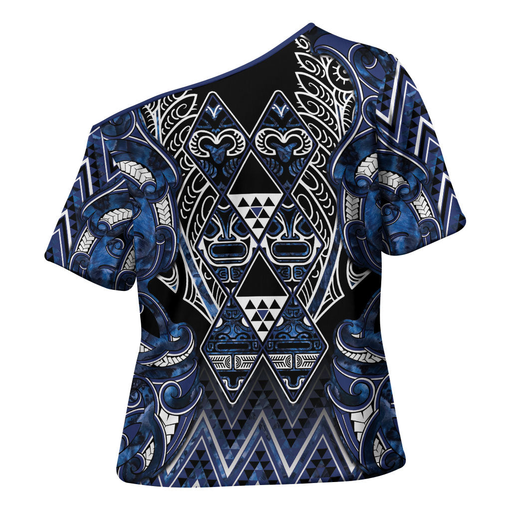 Aotearoa Tuwharetoa Cross Shoulder Shirt Maori Tribal Navy Paua Shell Pattern
