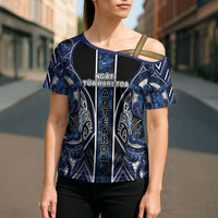 Aotearoa Tuwharetoa Cross Shoulder Shirt Maori Tribal Navy Paua Shell Pattern