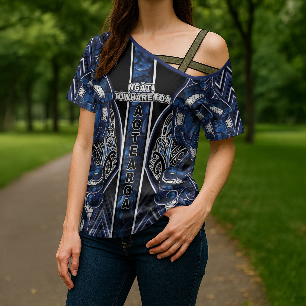 Aotearoa Tuwharetoa Cross Shoulder Shirt Maori Tribal Navy Paua Shell Pattern
