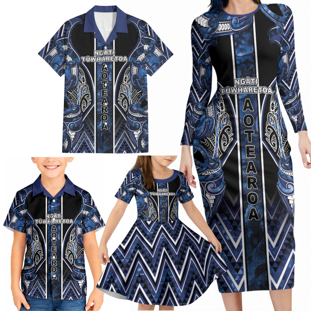 Aotearoa Tuwharetoa Family Matching Long Sleeve Bodycon Dress and Hawaiian Shirt Maori Tribal Navy Paua Shell Pattern