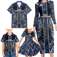 Aotearoa Tuwharetoa Family Matching Long Sleeve Bodycon Dress and Hawaiian Shirt Maori Tribal Navy Paua Shell Pattern