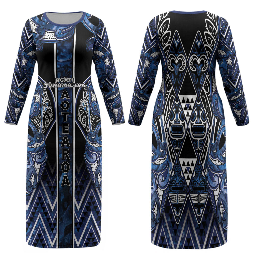 Aotearoa Tuwharetoa Family Matching Long Sleeve Bodycon Dress and Hawaiian Shirt Maori Tribal Navy Paua Shell Pattern