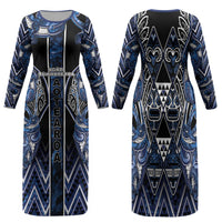 Aotearoa Tuwharetoa Family Matching Long Sleeve Bodycon Dress and Hawaiian Shirt Maori Tribal Navy Paua Shell Pattern