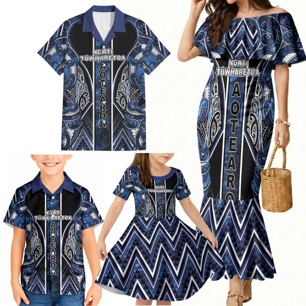 Aotearoa Tuwharetoa Family Matching Mermaid Dress and Hawaiian Shirt Maori Tribal Navy Paua Shell Pattern DT05 - Polynesian Pride