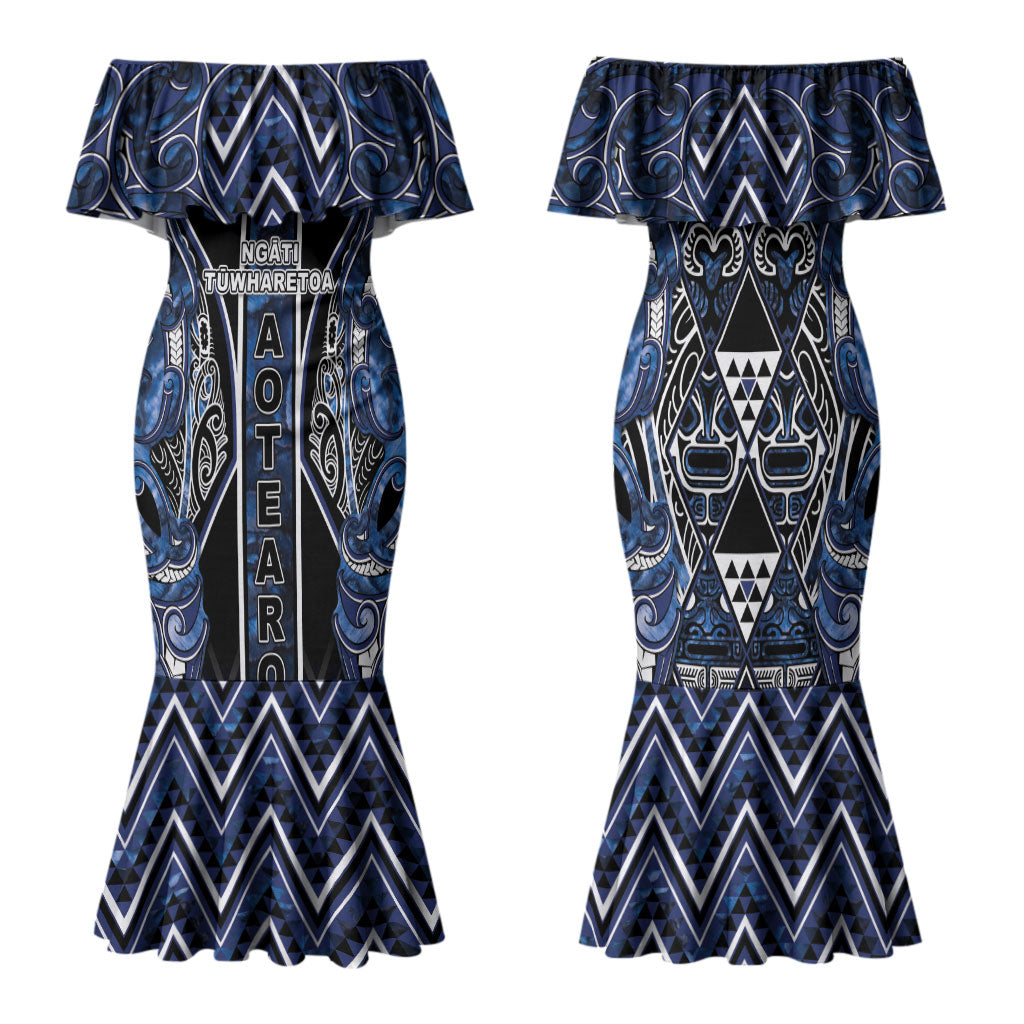 Aotearoa Tuwharetoa Family Matching Mermaid Dress and Hawaiian Shirt Maori Tribal Navy Paua Shell Pattern