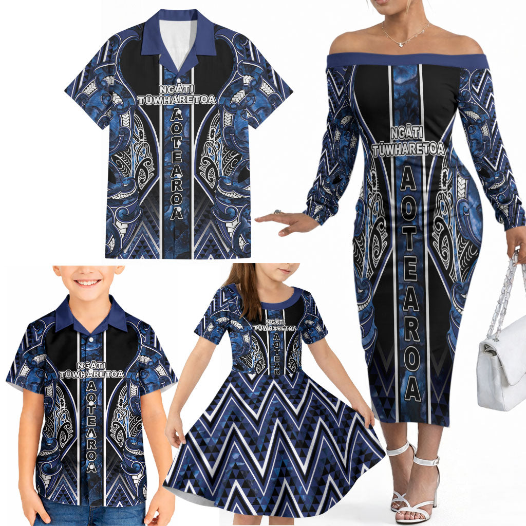 Aotearoa Tuwharetoa Family Matching Off The Shoulder Long Sleeve Dress and Hawaiian Shirt Maori Tribal Navy Paua Shell Pattern