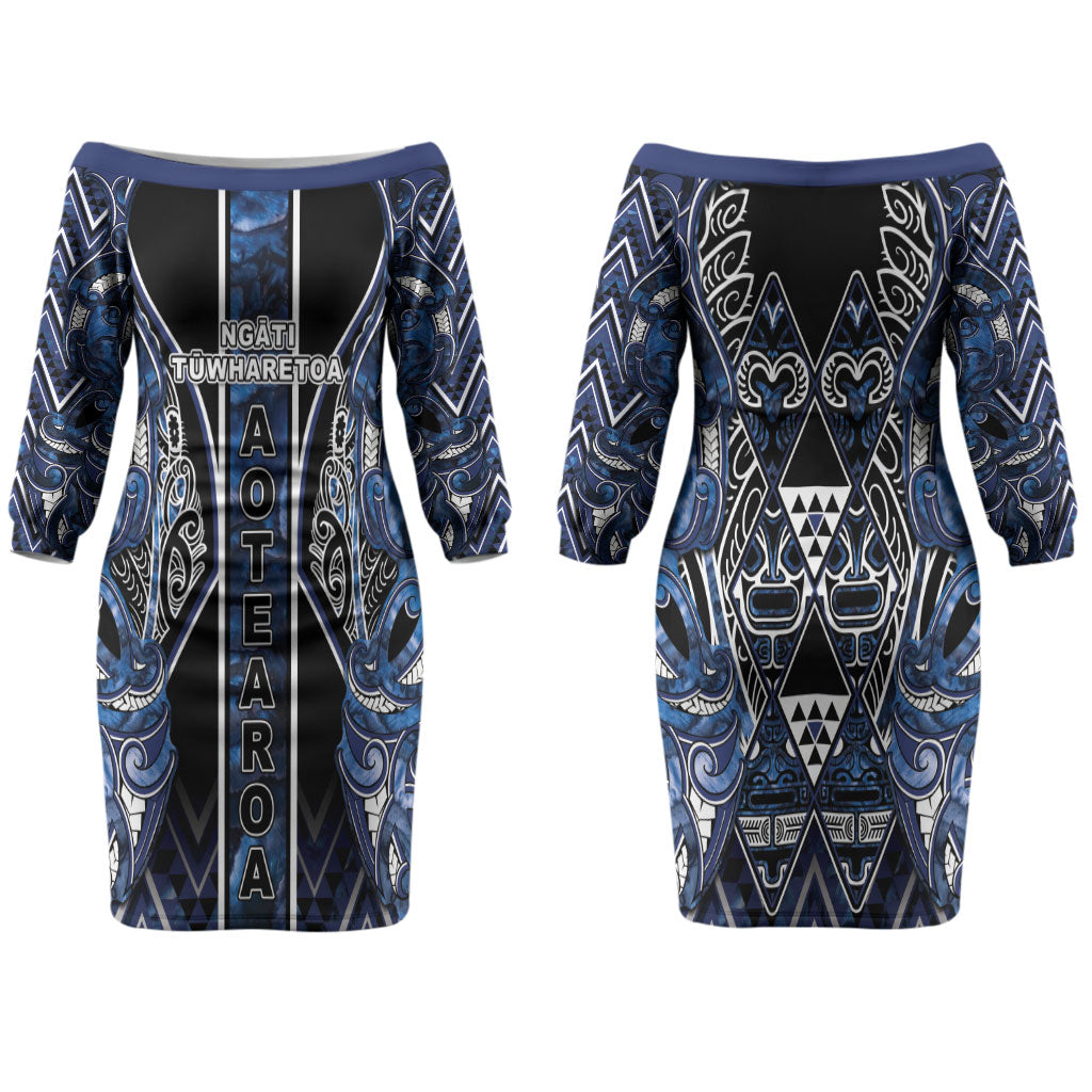 Aotearoa Tuwharetoa Family Matching Off The Shoulder Long Sleeve Dress and Hawaiian Shirt Maori Tribal Navy Paua Shell Pattern