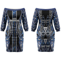 Aotearoa Tuwharetoa Family Matching Off The Shoulder Long Sleeve Dress and Hawaiian Shirt Maori Tribal Navy Paua Shell Pattern