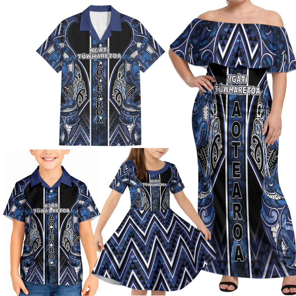 Aotearoa Tuwharetoa Family Matching Off Shoulder Maxi Dress and Hawaiian Shirt Maori Tribal Navy Paua Shell Pattern
