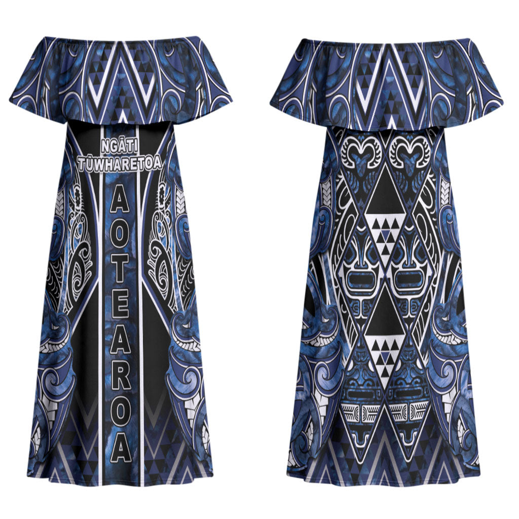 Aotearoa Tuwharetoa Family Matching Off Shoulder Maxi Dress and Hawaiian Shirt Maori Tribal Navy Paua Shell Pattern